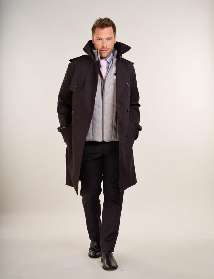 black trousers with tie, gilet and trench coat 