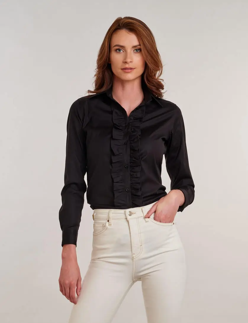 OL Women Satin Work Long Sleeve Formal Tops High Neck Frilly Ruffle Shirt  Blouse