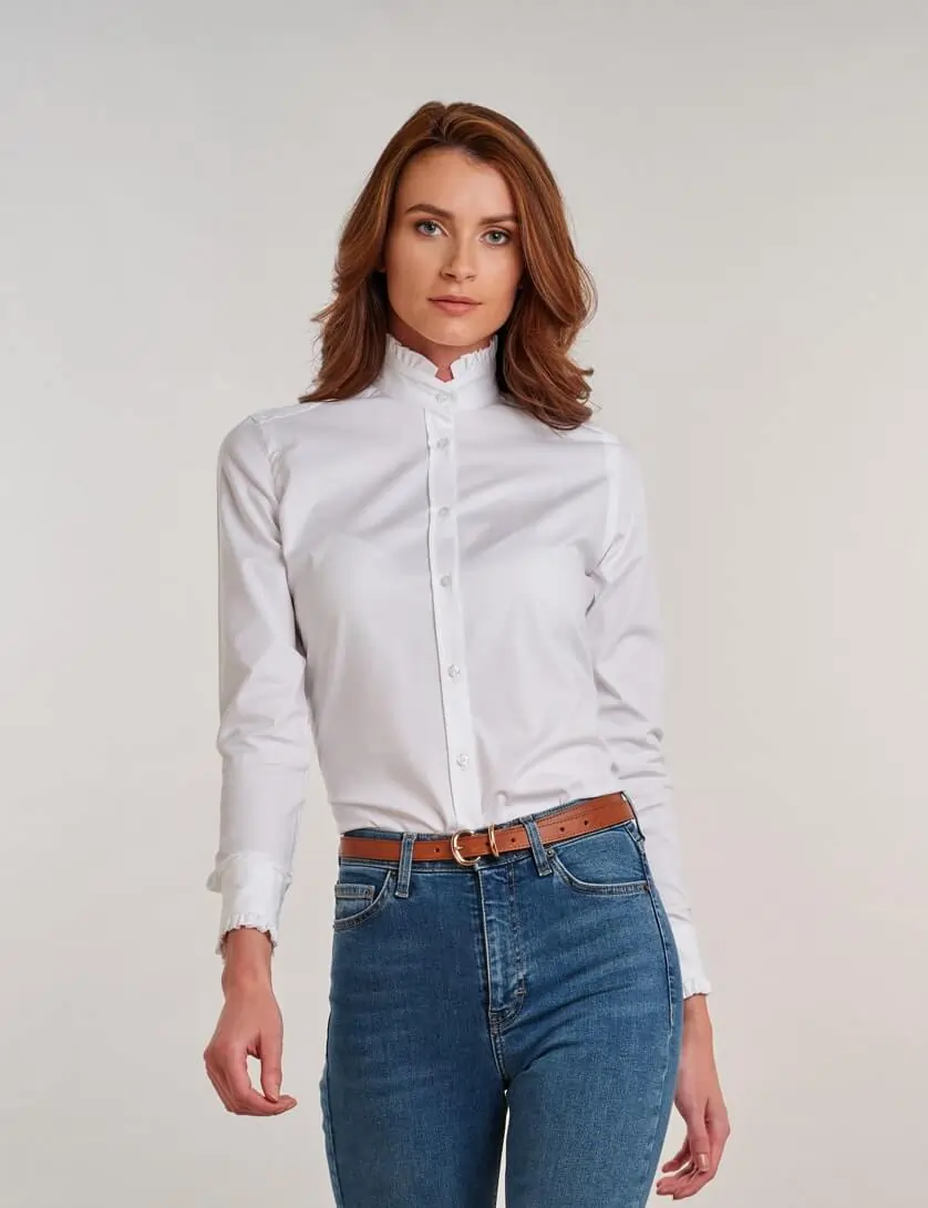 The Collared Ruffle See-through Blouse - Women's White Long Sleeve Ruffle See  Through Top - White - Tops